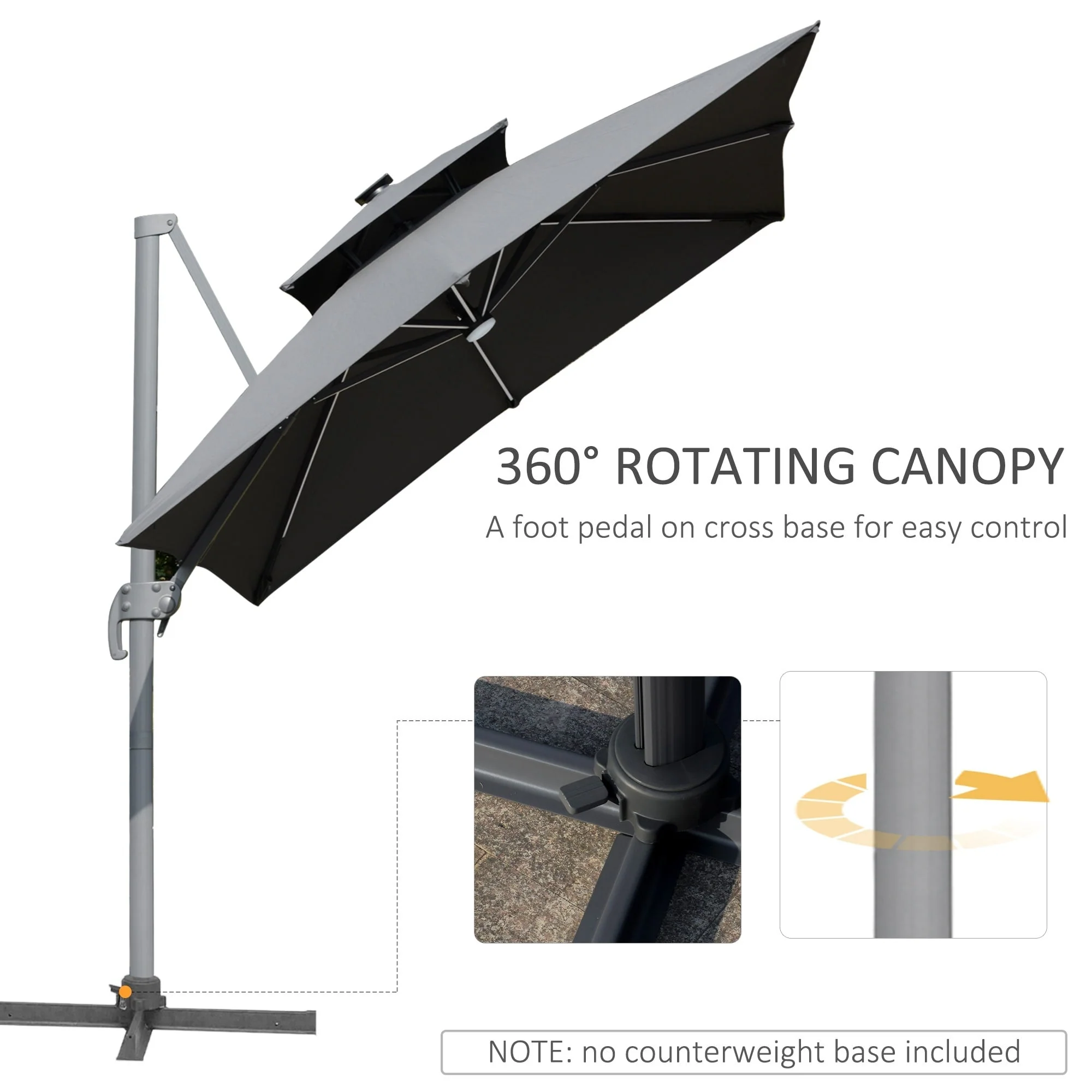 Outsunny 10ft Solar LED Patio Umbrella, Offset Hanging Umbrella with 360° Rotation, Cross Base, 8 Ribs, Tilt and Crank