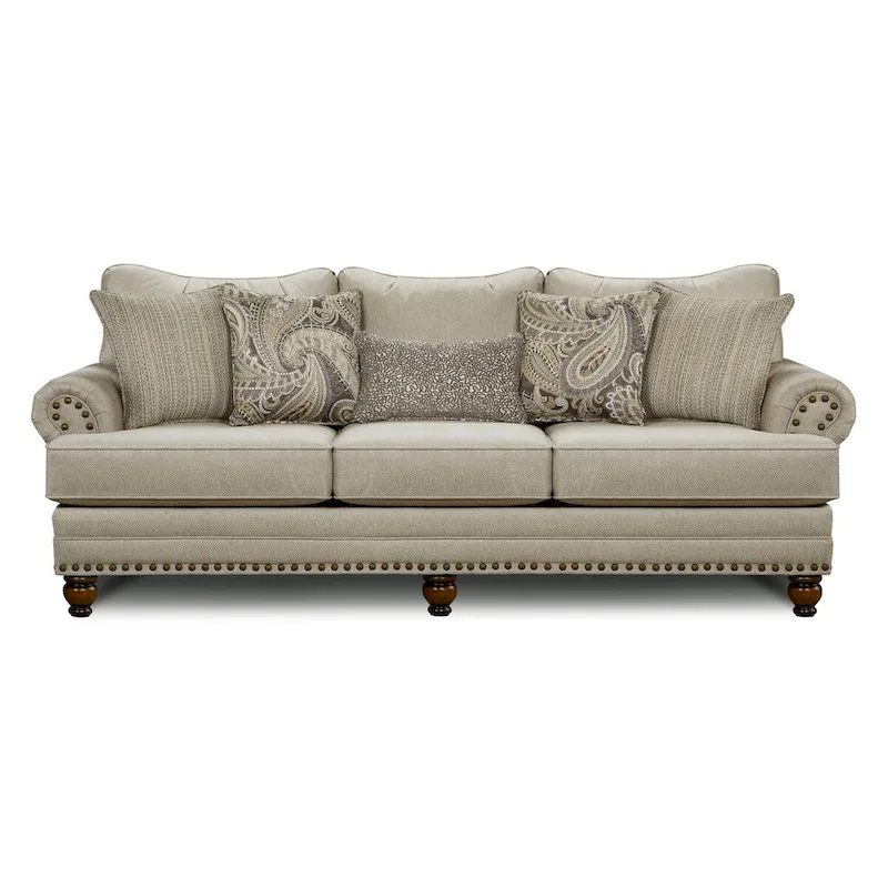 Beige Nailhead Traditional Sofa, Seats 3