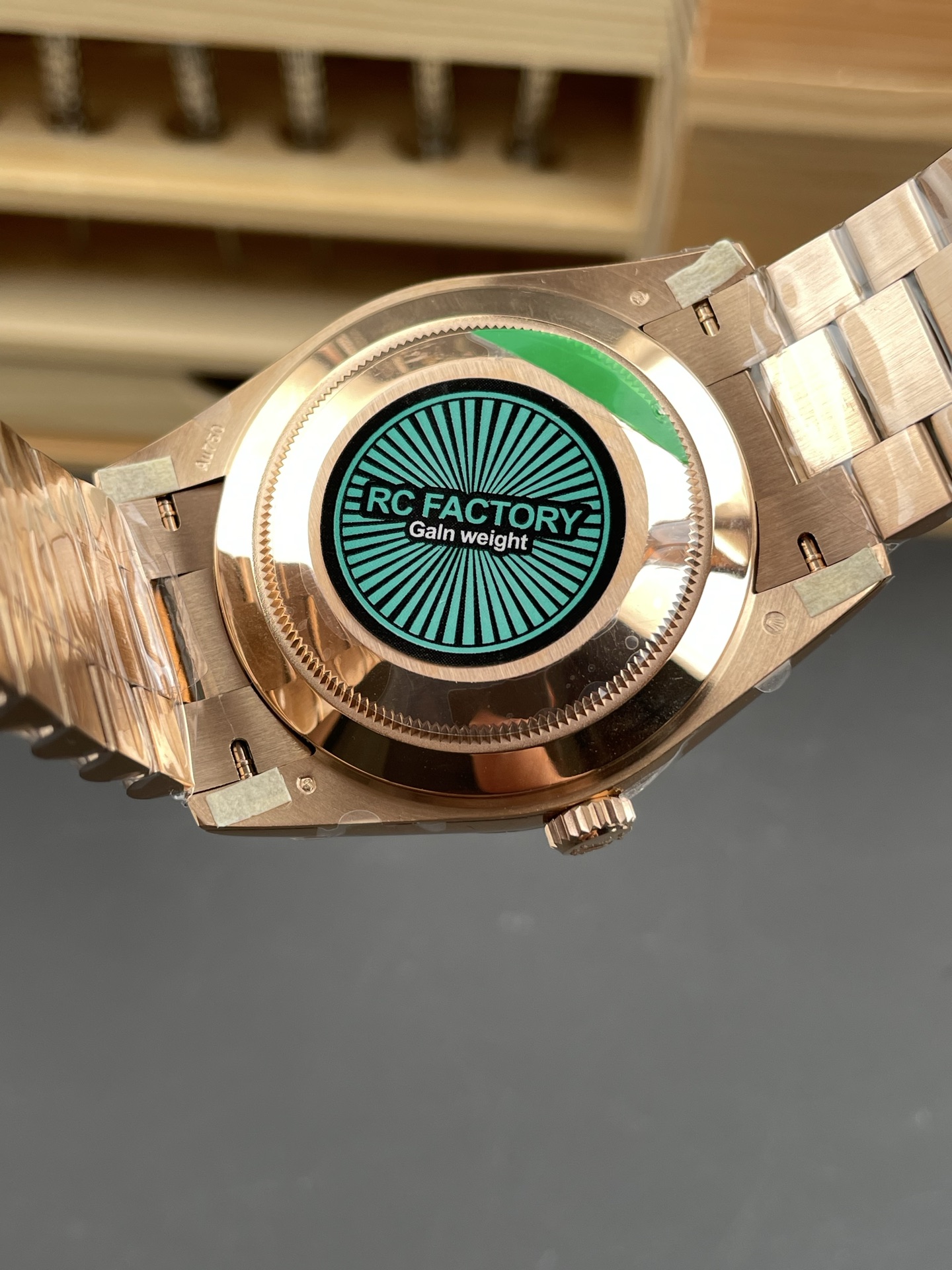 Rose gold Rolex Day-Date super clone caseback with RC Factory sticker