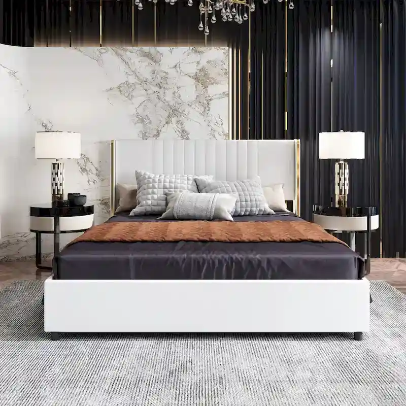 Modern Illuminated Bed Frame with Gold Trim - Chic Upholstered Design