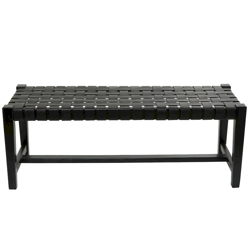 Leather Handmade Woven Seat Bench - Black - Roche River Decor - 18 Wx47 Lx17 H