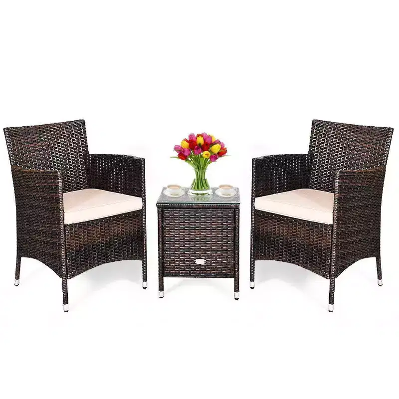 3pc Outdoor Rattan Set with Cushion - Beige/Brown - WELLFOR: All-Weather Wicker, Glass Top Bistro Table, Metal Hardware