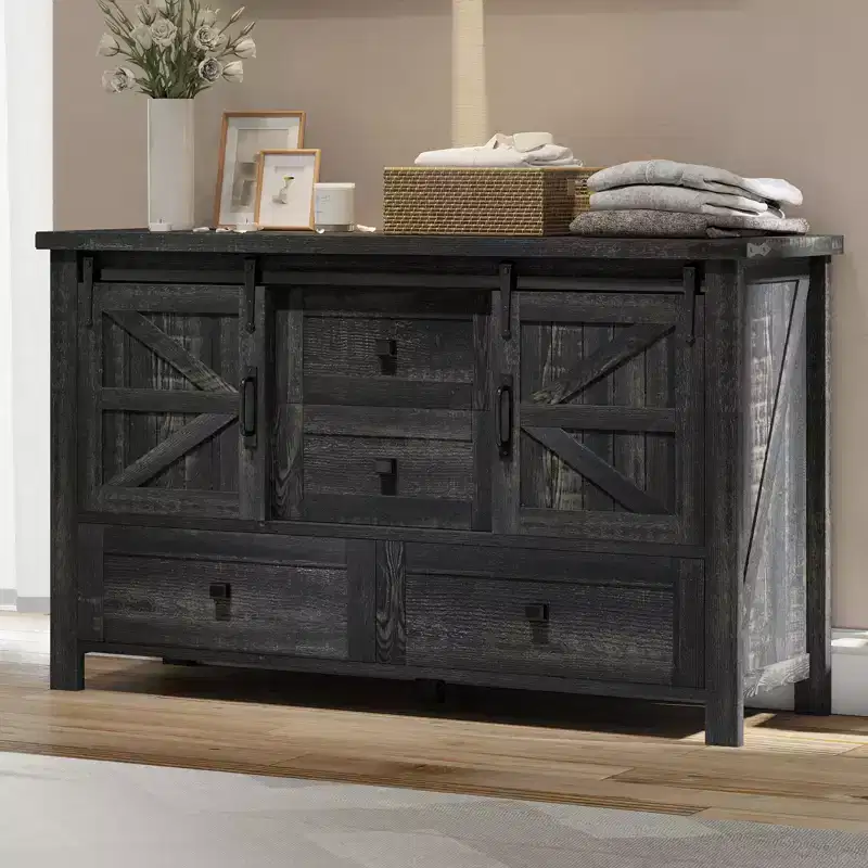 AMERLIFE Farmhouse Dresser for Bedroom with Drawers, Storage Cabinet with Sliding Barn Doors, Organizer TV Stand