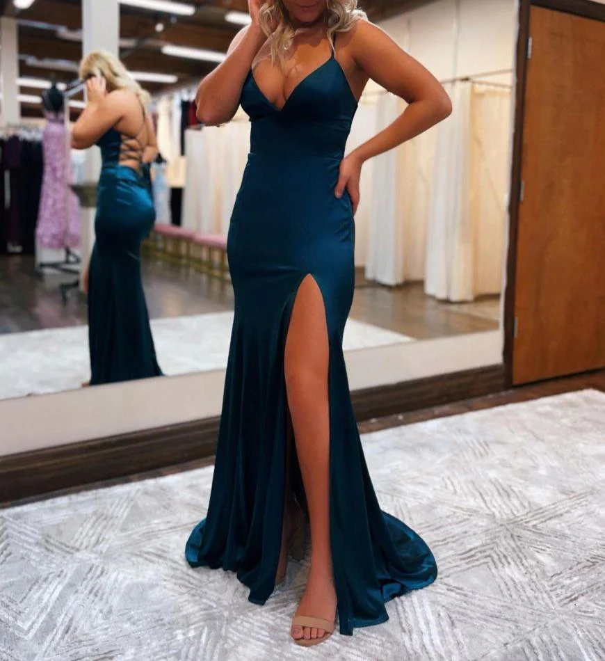Mermaid Spaghetti Straps Satin Prom Dress with Slit