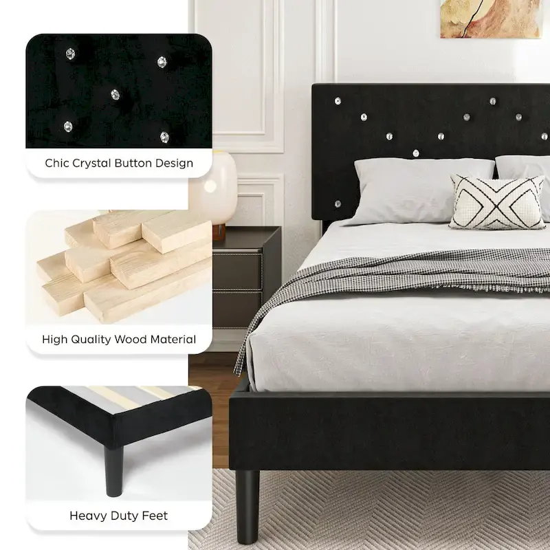 Upholstered Platform Bed, Full Size, Black with Padded Headboard & Heavy-Duty Metal Frame