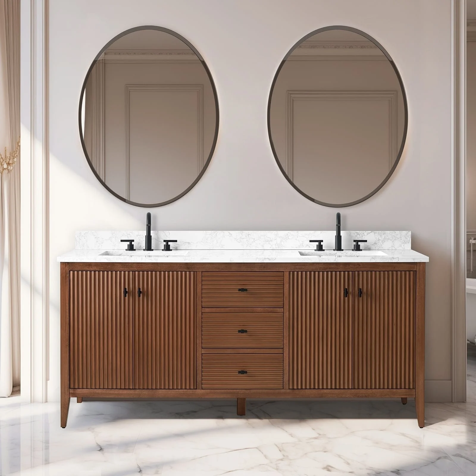 Vanity Art 72 Double Sink Bathroom Vanity Cabinet with Engineered Marble Top