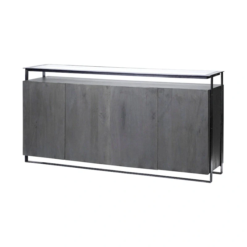Dark Brown Glass Top 4-Door Sideboard with Metal Frame – 72L x 18W x 35.8H