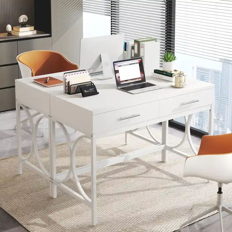 Modern Computer Writing Desk with 2 Drawers, White and Gold Home Office Desk, Makeup Vanity Table