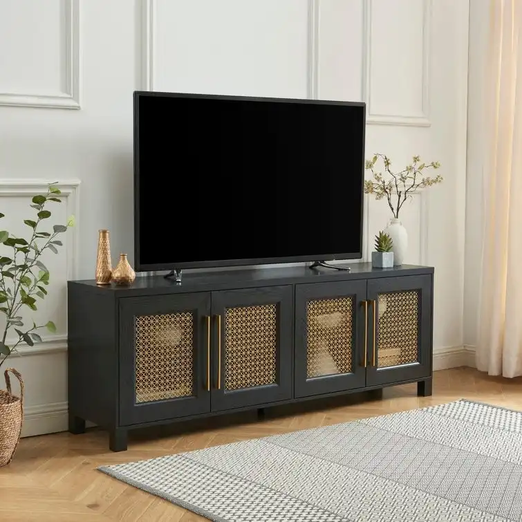 Retro Rattan Door TV Stand Media Console – Black / Rustic Oak / White, Single, Fits TVs up to 78