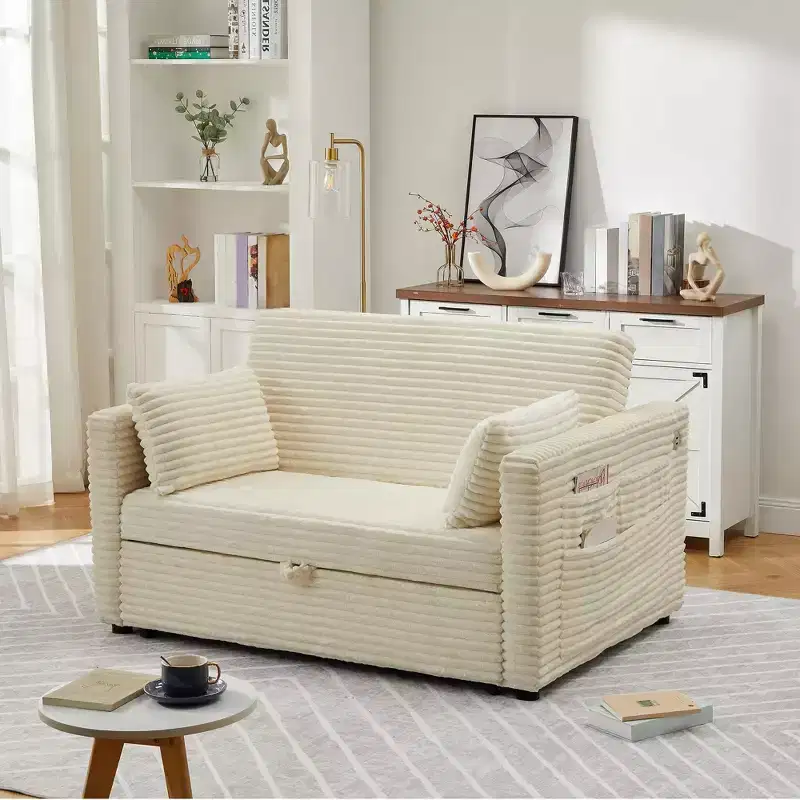 Pull Out Loveseat Sleeper Sofa with 4-Position Backrest - Corduroy Sofa Bed with USB/Type-C & Side Pockets
