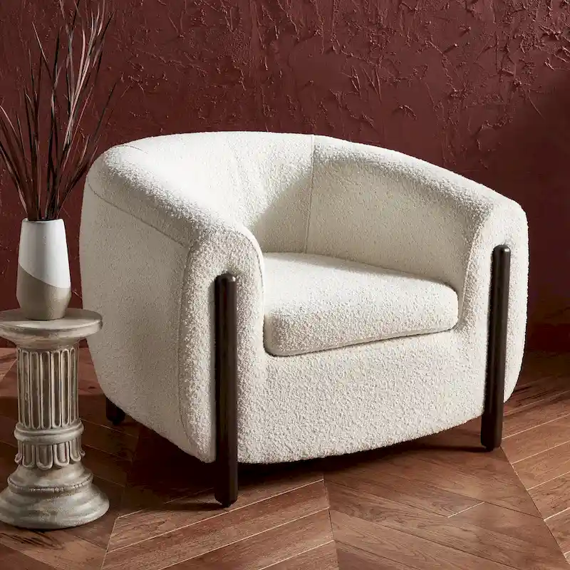 Ivory Boucle Barrel Back Accent Chair, Single Seat - 38