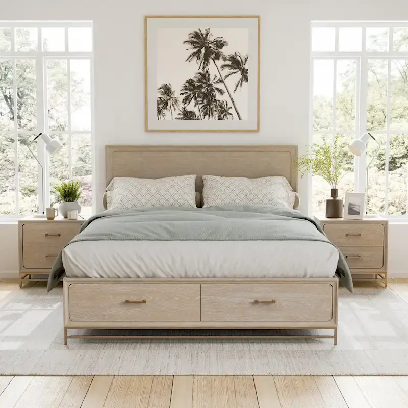 Furniture of America Drayden Transitional Oak Solid Wood 3-Piece Bed and 2 Nightstand Bedroom Set
