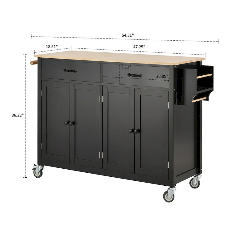 Classic Wooden Kitchen Island Cart with 2 Drawers, 2 Cabinets, a Towel Rack and a Spice Rack