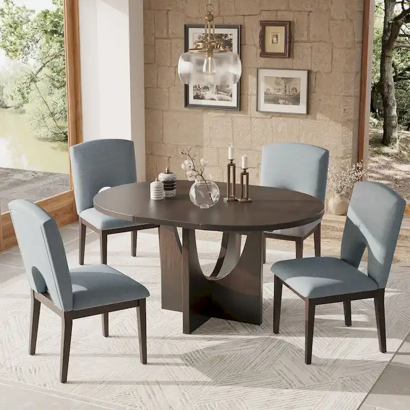 Modern Style 5-Piece Extendable Round Dining Table Set with Removable Leaf and Upholstered Dining Chairs