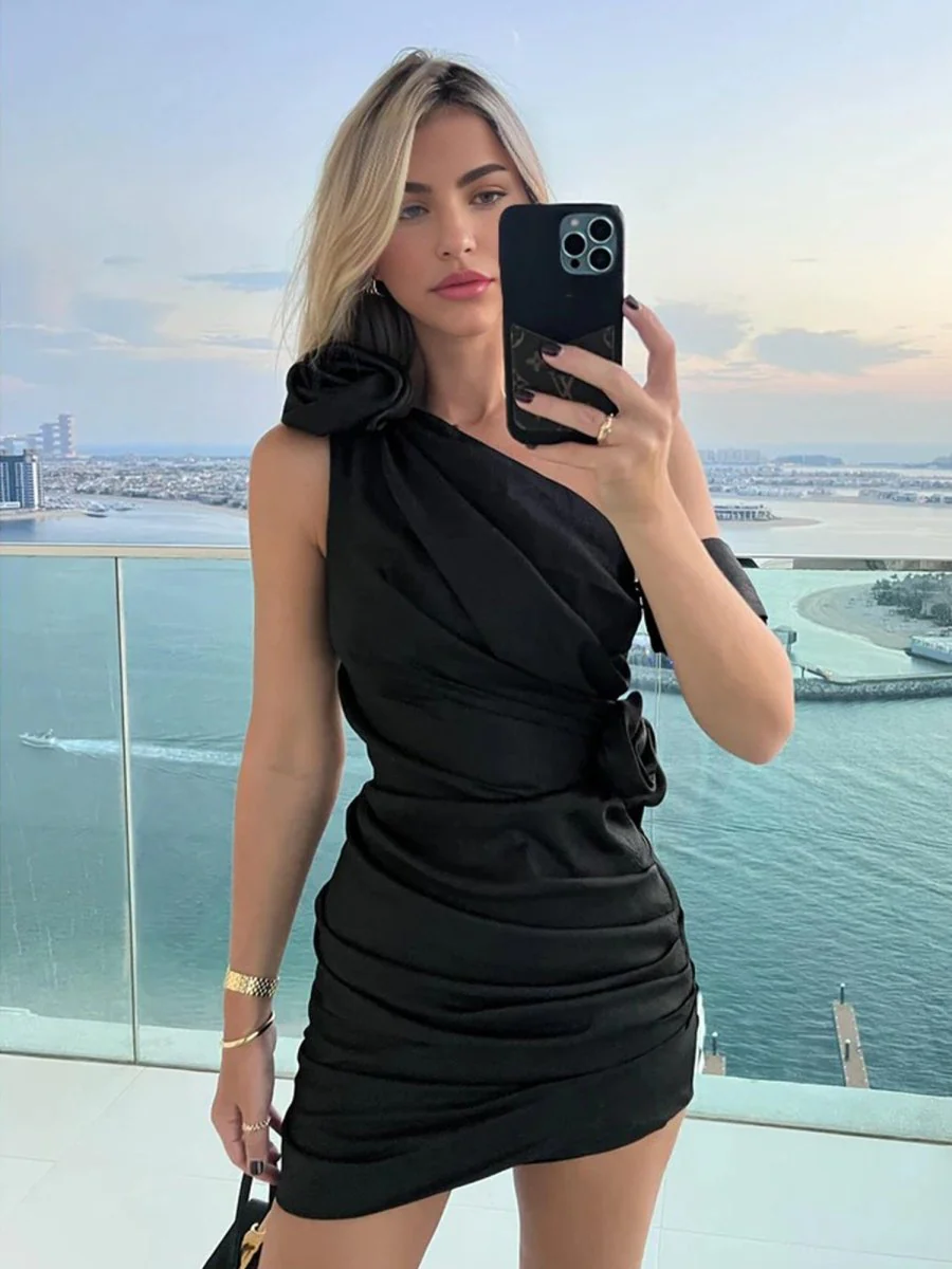 Black - Sheath One Shoulder Pleated Short Homecoming Dresses With Flowers