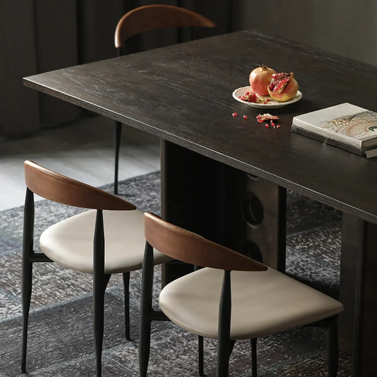 Mid-Century Modern Dining Chair with Black Leather Seat