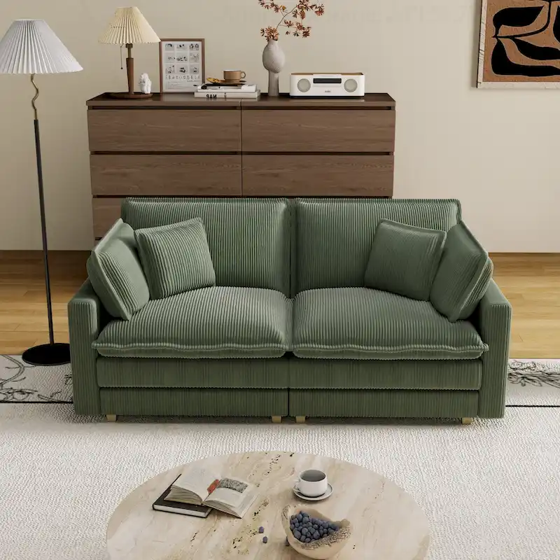 Corduroy Sectional Sofa with Ottoman, Green / Black / Beige, 2-Seat