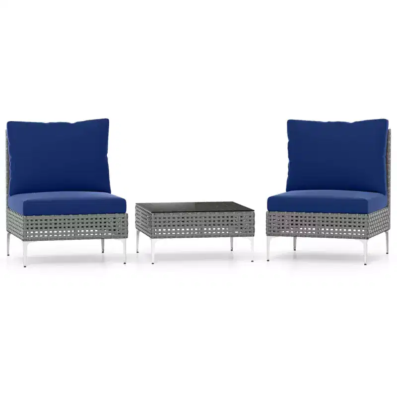 Costway 3 PCS Patio Furniture Set with Tempered Glass Coffee Table Soft Back & Seat Cushions Navy/White/Gray