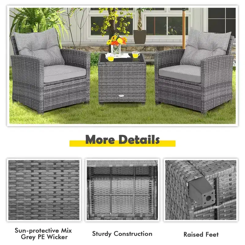 Costway 3PCS Patio Rattan Furniture Bistro Set Cushioned Sofas Side Table Armrest Red/Grey/Navy/Turquoise/Black