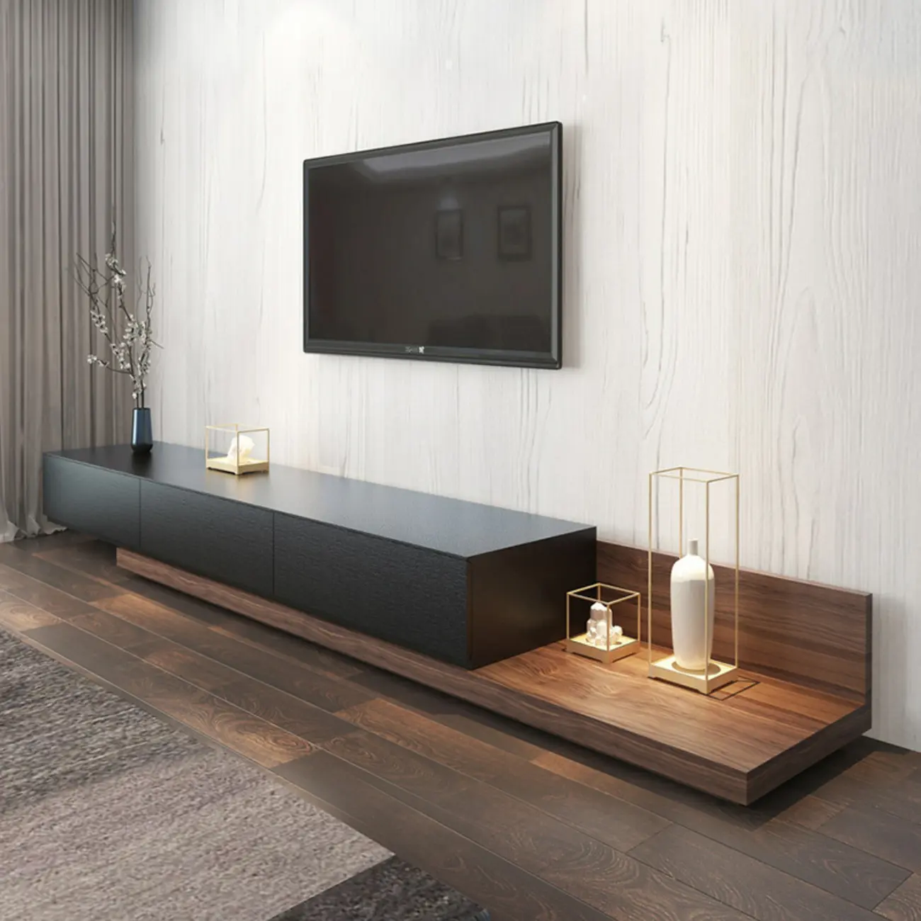 Living Room Wood Side Shelf  Black Rectangular TV Stand