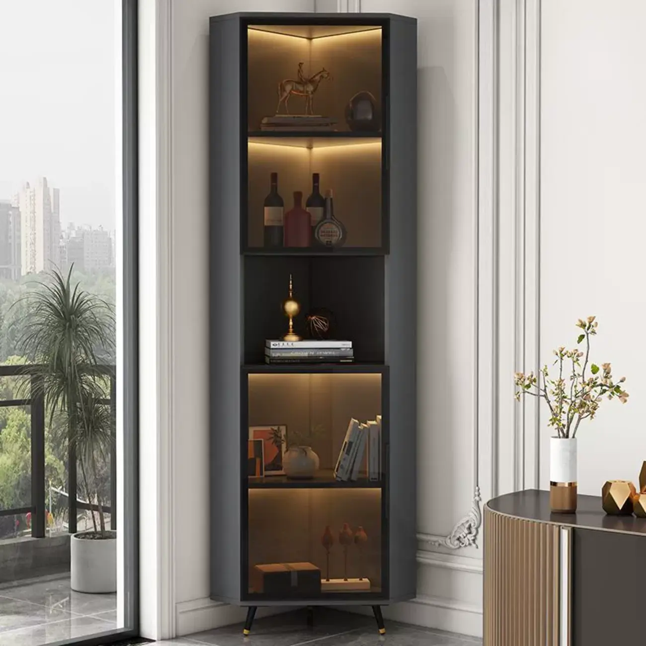 Modern Glam White-Gold Wood Glass Display Cabinet