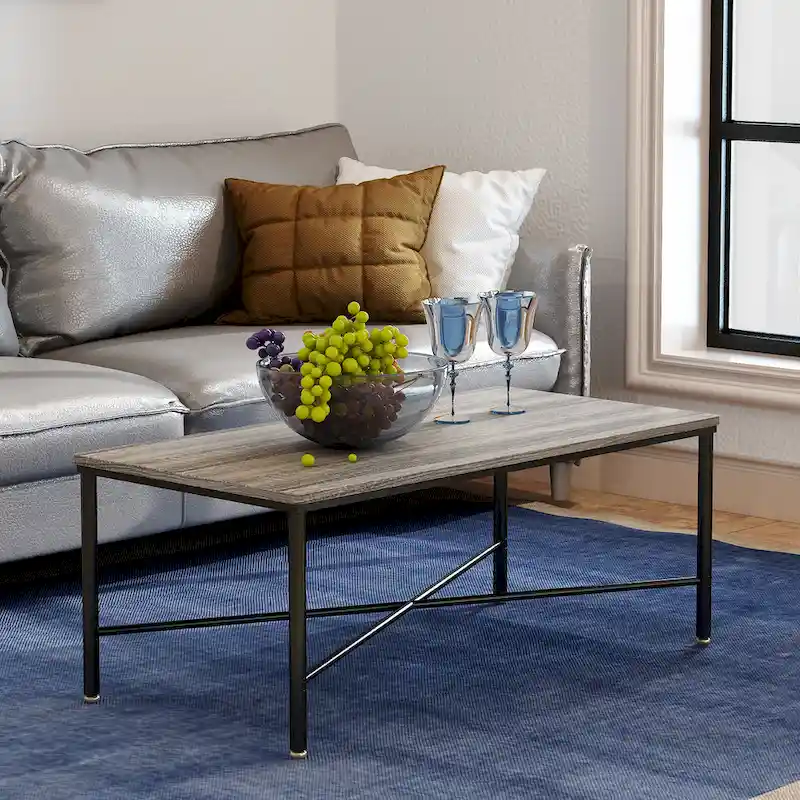 Wood Top Rectangle Coffee Table, Black Metal Frame
