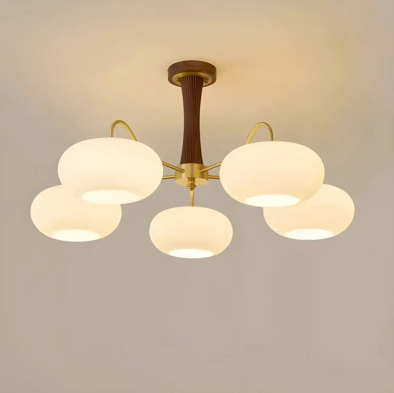 Classic Large Glass Drum Walnut Wood Semi Flush Ceiling Light