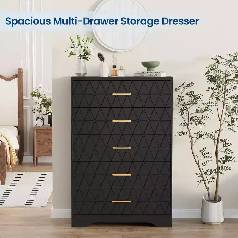 Multifunctional 5-Drawer Wood Dresser, Freestanding Chest of Drawers & Nightstand, Storage Cabinet for Home Bedroom Hallway Closet