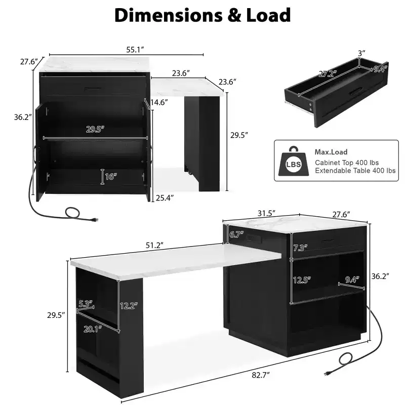 82.7in Kitchen Island with Extendable Dining Table for 4-6 Person, Faux Mable Table with Double-sized Storage, Power Outlet & 2 Drawers