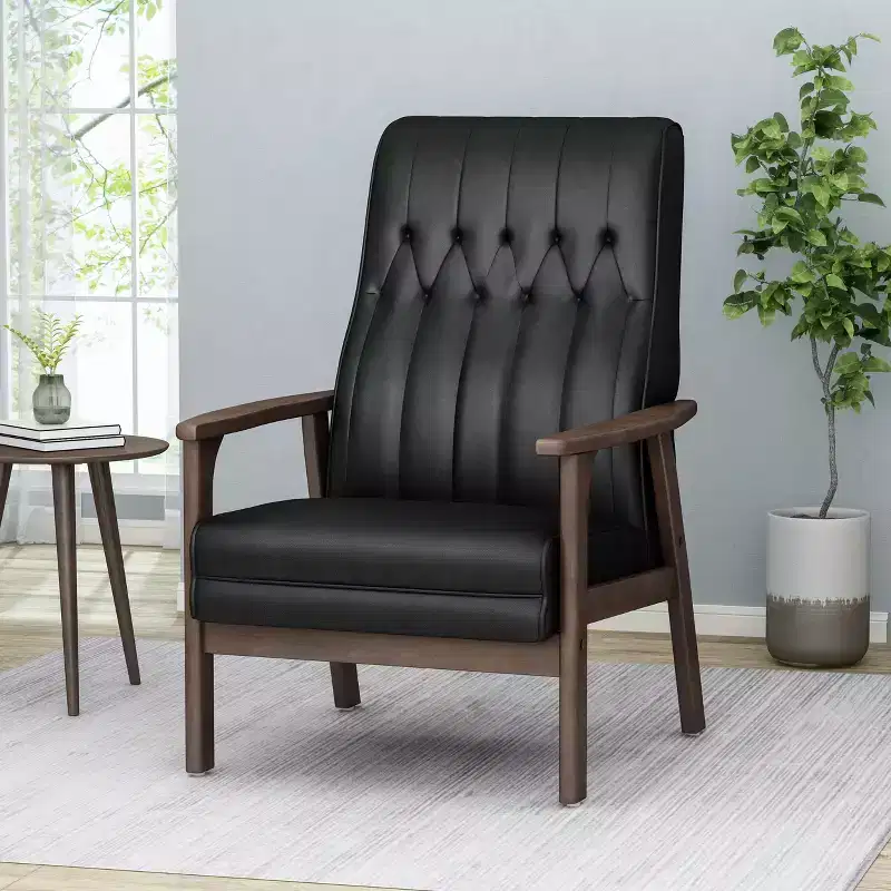 Mid Century Faux Leather Upholstered Accent Chair, Modern High Back Armchair, Leisure Wood Club Chair - Merax