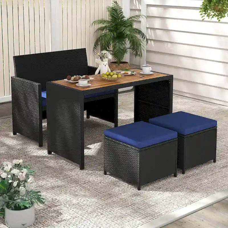 Costway 4 PCS Outdoor Dining Set, Rattan Loveseat Chair & 2 Ottomans - See Details