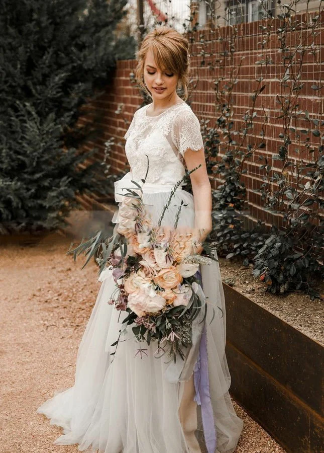 Modest Tulle Lace Short Sleeves Backless  A-Line Bridal Gown with Sash