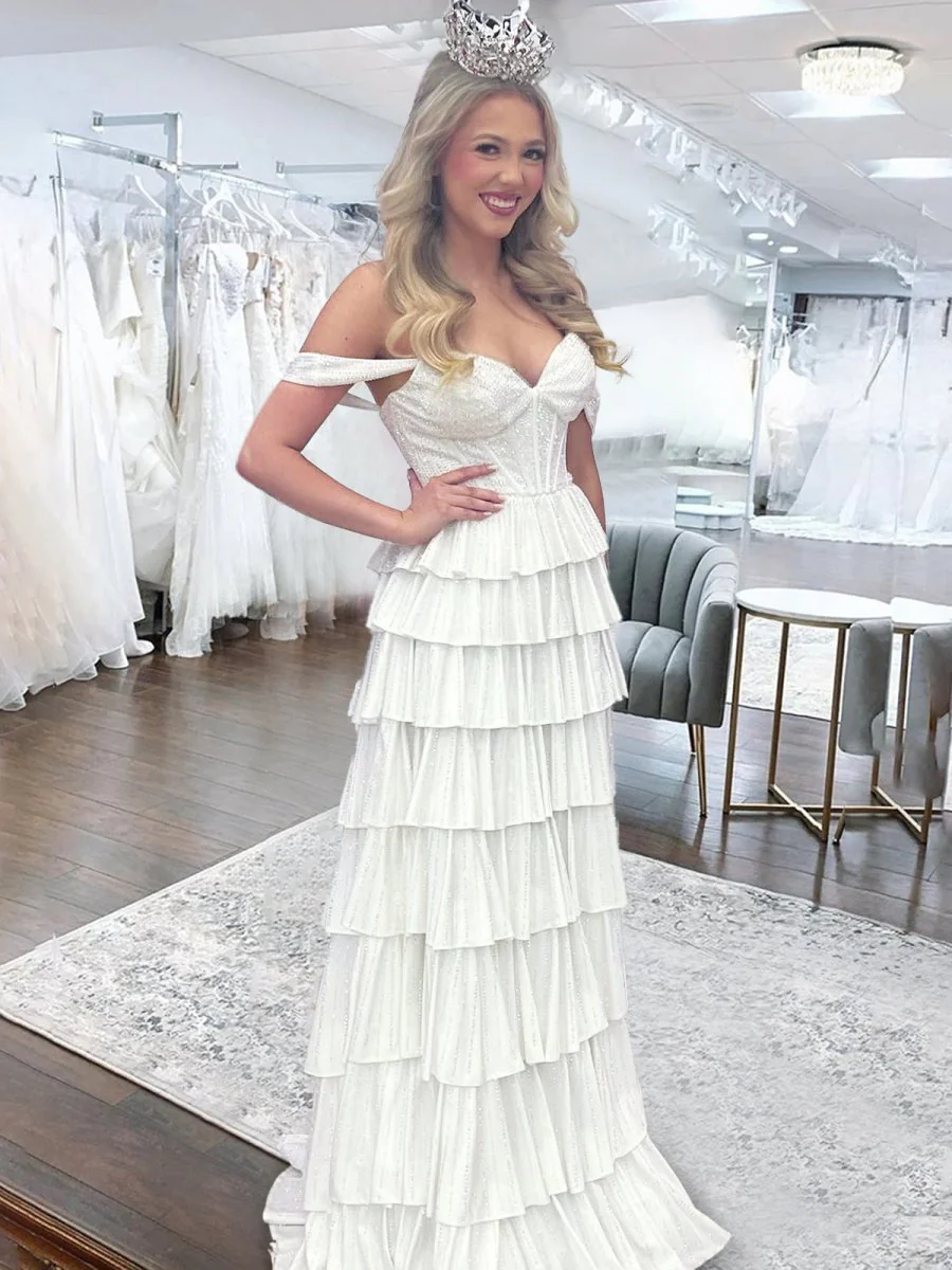 A Line Off-the-Shoulder Satin Tiered Long Prom Dresses With Beads