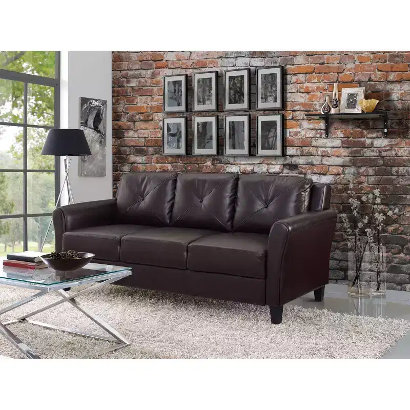 Helena Faux Leather Sofa Java Brown - Lifestyle Solutions: Upholstered, 3-Seater, Tufted Back, High-Density Foam