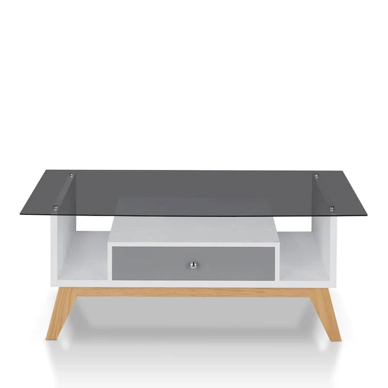 Glass Top Coffee Table - White/Natural Wood, Mid-Century Modern, Multi-User