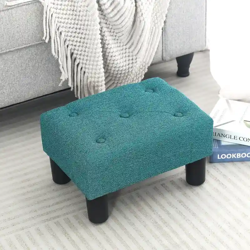 Adeco Button Tufted Linen Foot Stool Rectangular Small Ottoman