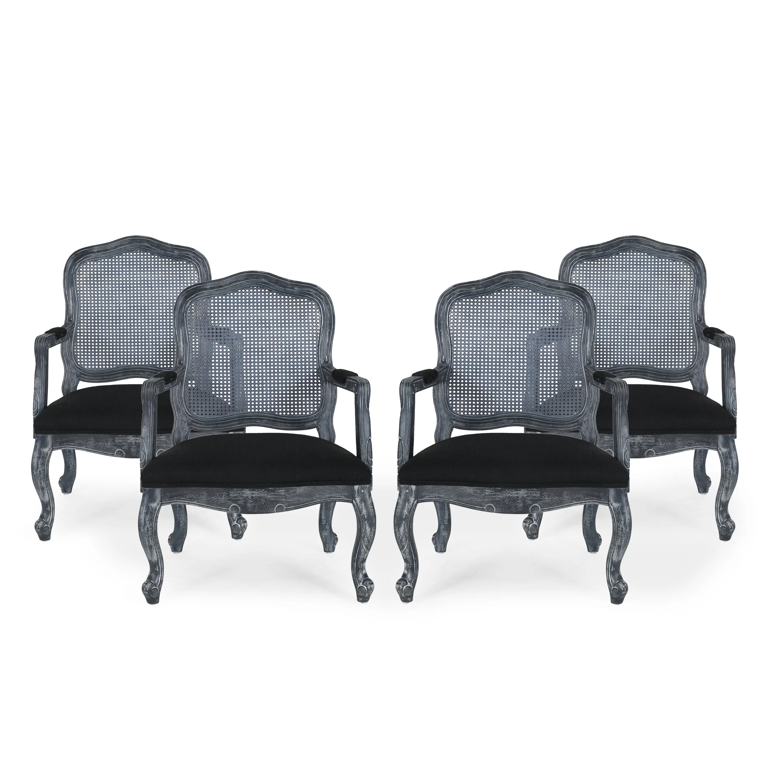 French Country Wood and Cane Upholstered Dining Armchair - NH542513