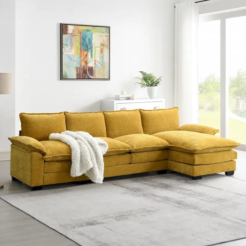 118*55 L-shaped Chenille Cloud Sofa with Double Seat Cushions, 5-seat Upholstered Sleeper Sofa Couch with Chaise Lounge
