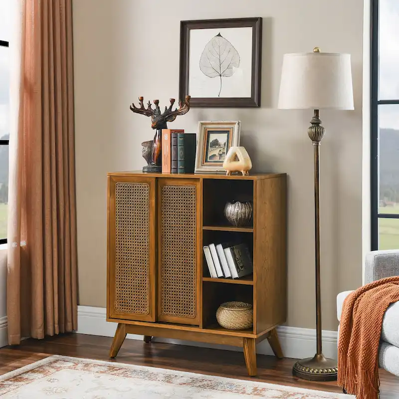 Mid Century Modern Rattan Sideboard Cabinet, Buffet Cabinet Adjustable Shelf & Solid Wood Feet - Light Wood