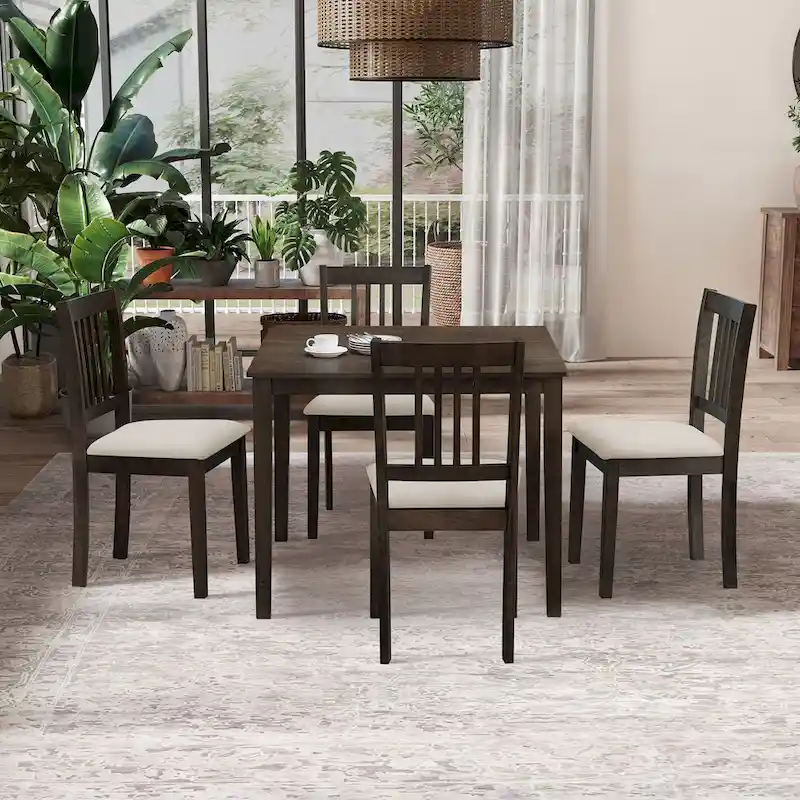 Kitchen Breakfast Nook Dining Table Chairs Set Square Wooden Dining Table Casual Dining Table with 4 Upholstered Dining Chairs