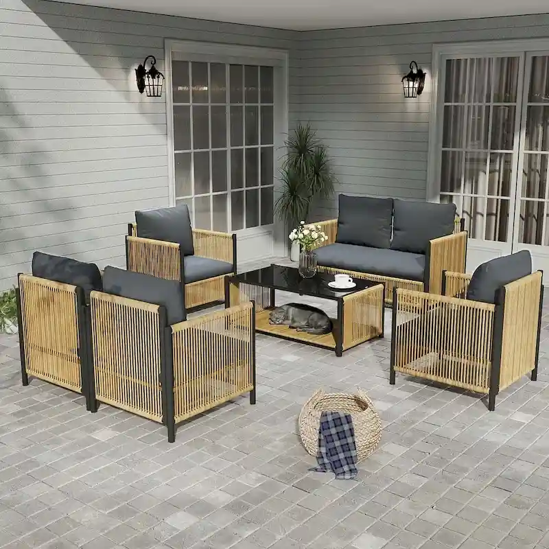 6 PCS Outdoor Patio Furniture Set PE Wicker Sofa Set