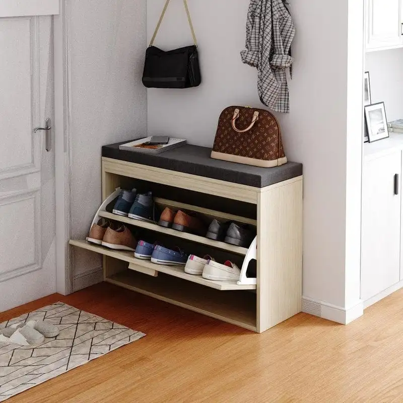 Beige Rattan Shoe Storage Bench with Flip Drawer & Seat Cushion, 1-Seat