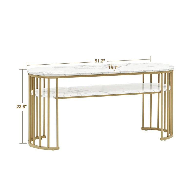 Ivinta White Sofa Table, Modern Faux Marble Top, Console Table with Gold Metal Frame