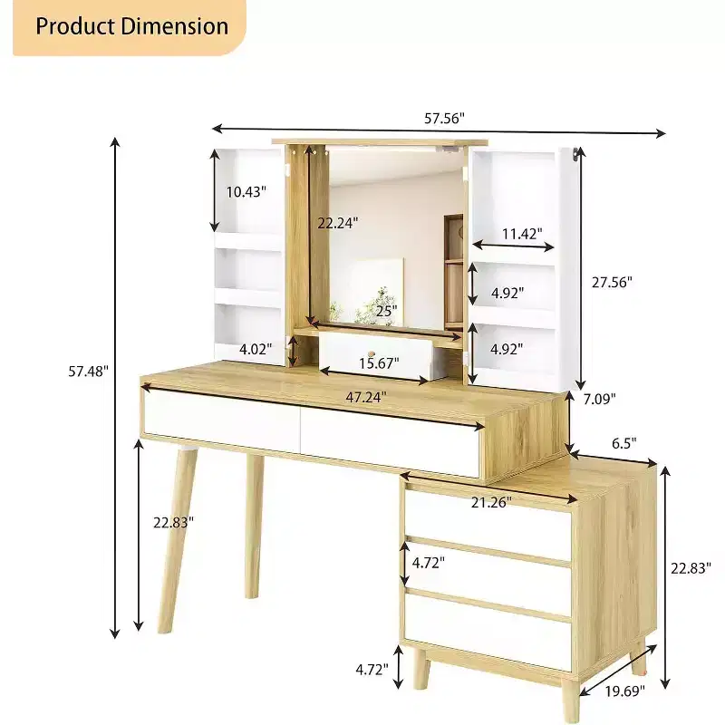 Acekool Vanity Desk with Mirror, 6 Drawers, Storage Cabinet and Stool, Modern White & Oak for Bedroom