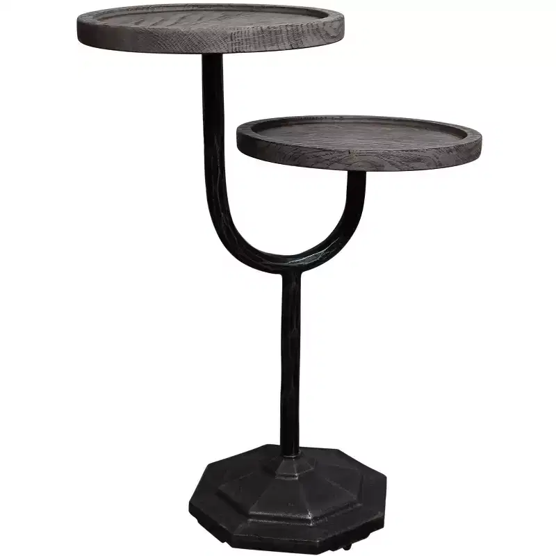 HomeRoots 19 Natural and Black Solid Wood and Iron Round Double Tray Top End Table