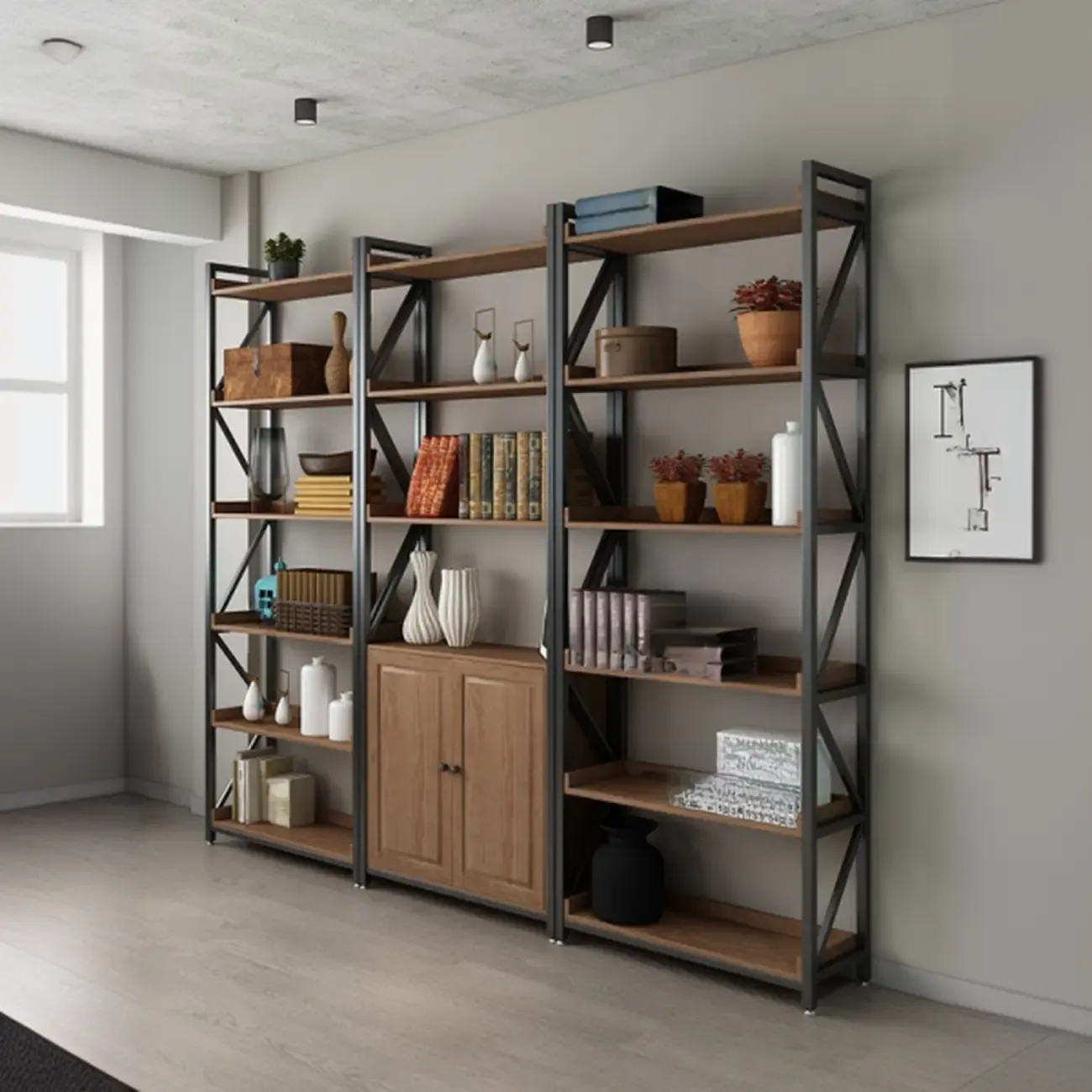 Rustic Brown Metal 6-shelf Open Bookcase with Cabinet
