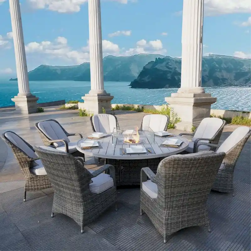 9-Piece Ellington Outdoor Wicker Round Firepit Dining Set - N/A