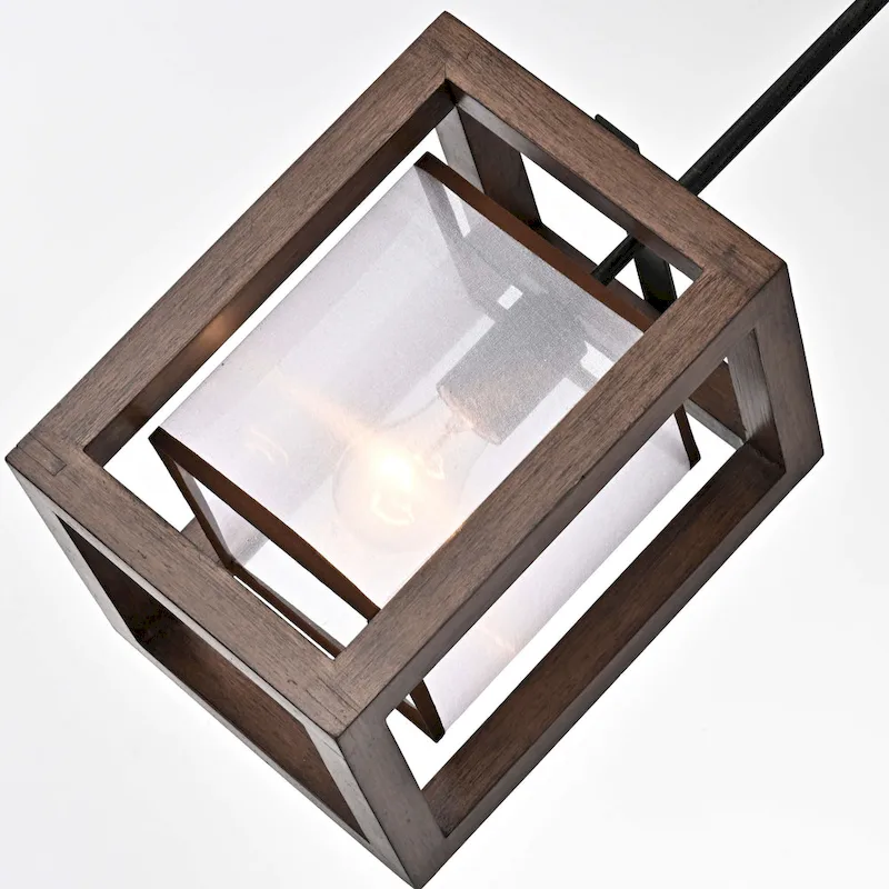 Alina 1 Light Antique Black Metal Natural Wood Fabric Shade Pendant Chandelier