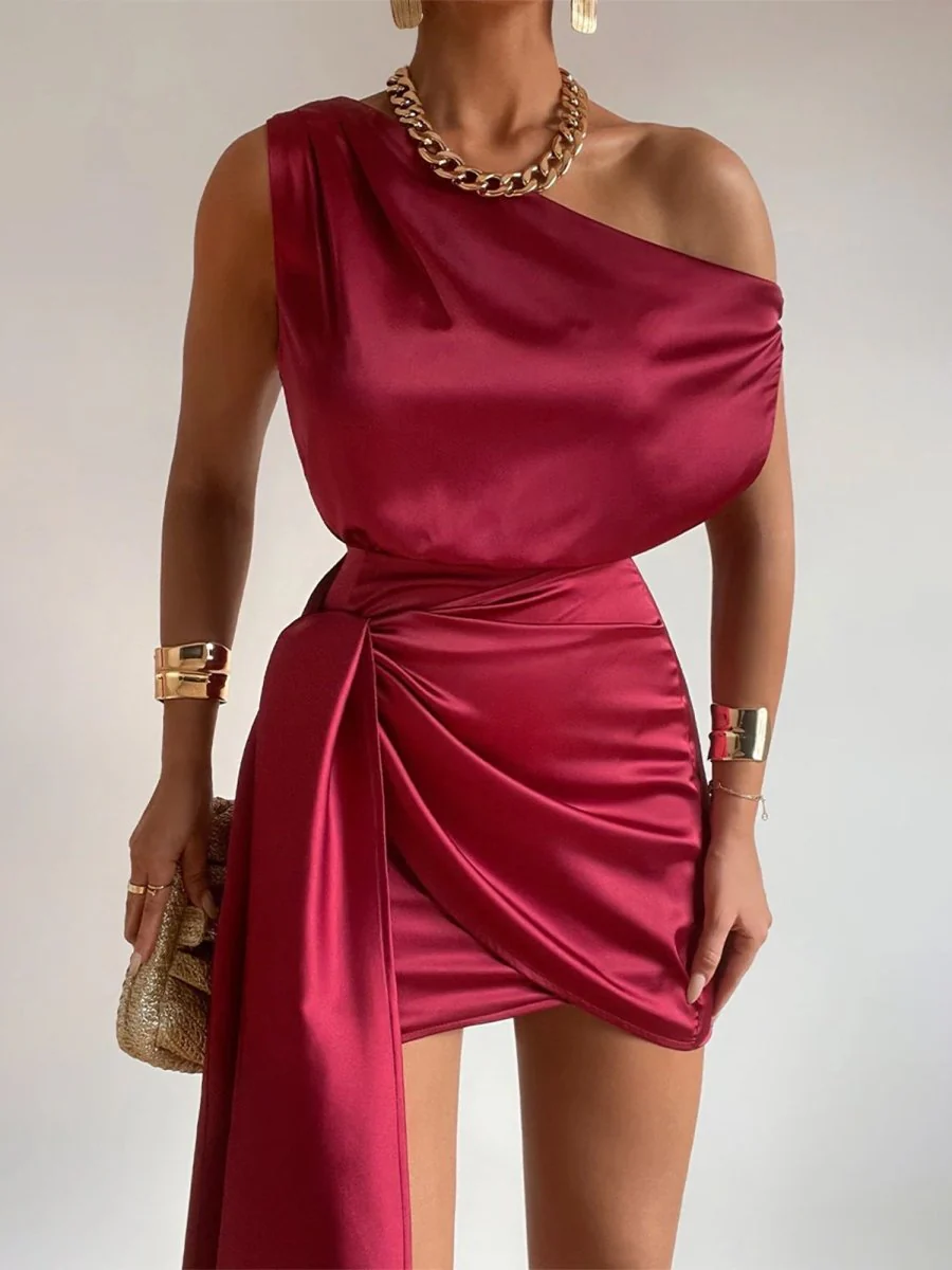 Burgundy - Sheath One Shoulder Satin Homecoming Dresses with Drape