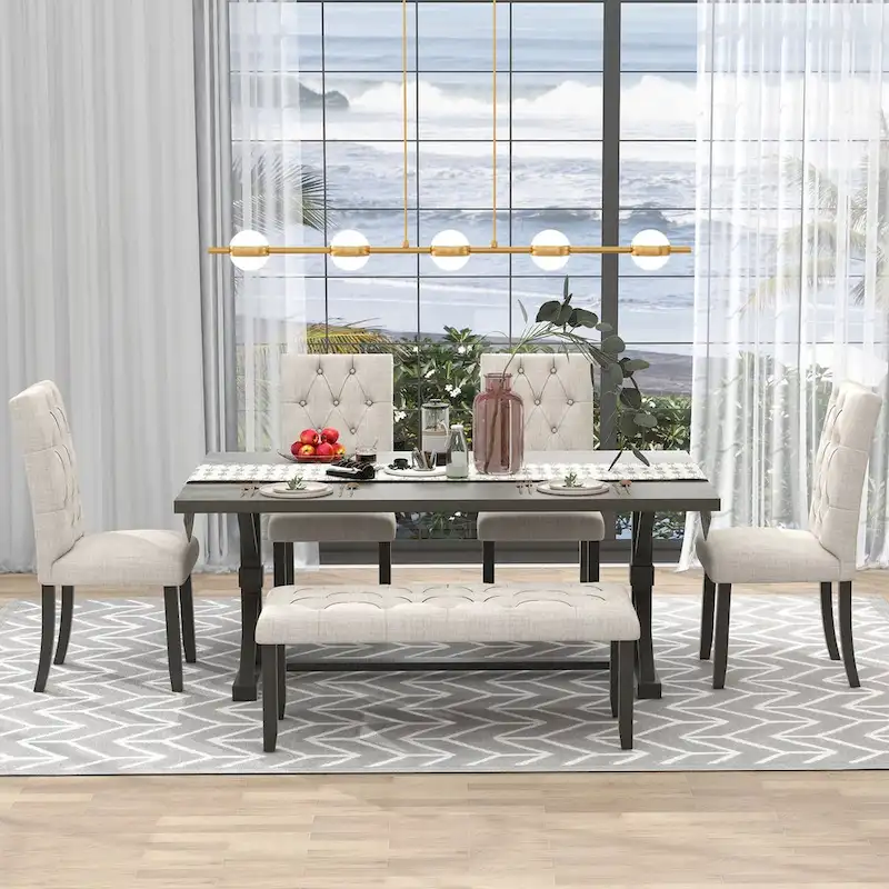 6-Piece Farmhouse Dining Table Set 72 Wood Rectangular Table, 4 Upholstered Chairs with Bench